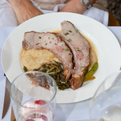 Roasted rack of pork with parsnip purée Sauté of red & green Swiss chard and sugar snap peas