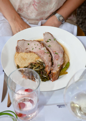 Roasted rack of pork with parsnip purée Sauté of red & green Swiss chard and sugar snap peas