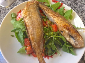 Fried Fish over Garlic Scape, Tomato and Baby Arugula Salad